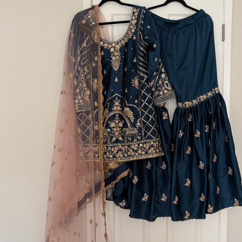 Teal Embroidered Gharara Suit with Peach Dupattai Indian outfit Indian 3 piece